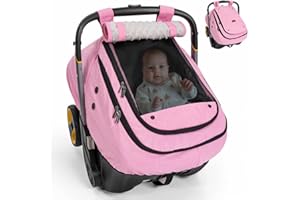 Bioby Waterproof Baby Car Seat Cover, Infant Car Seat Cover for Boy Girl, Roomy Cozy Windproof Sun Protection Baby Carseat Covers Canopy with Breathable Net and Holes, Universal Fitted, Pink