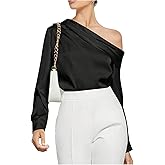 SweatyRocks Women's One Shoulder Satin Blouses Long Sleeve Elegant Business Work Tops
