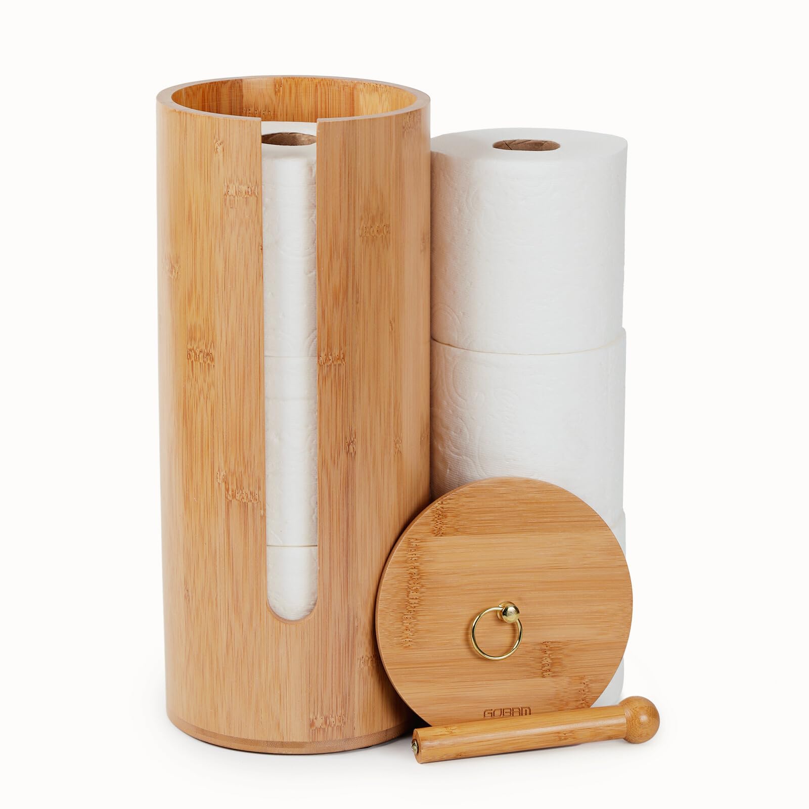 Photo 1 of Gobam Bamboo Toilet Paper Storage with Dual-Use Lid, Freestanding Bathroom Tissue Organizer with Viewing Slot, Built-In Handle, Anti-Slip Base, Compact Toilet Paper Holder Stand for up to 3 Mega Rolls