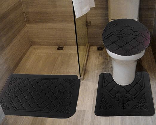 Amazon Com All American Collection 3pc Memory Foam Bath Mats Soft Plush Crown Design Anti Slip Shower Bathroom Contour Toilet Lid Cover Rugs Black Home Kitchen