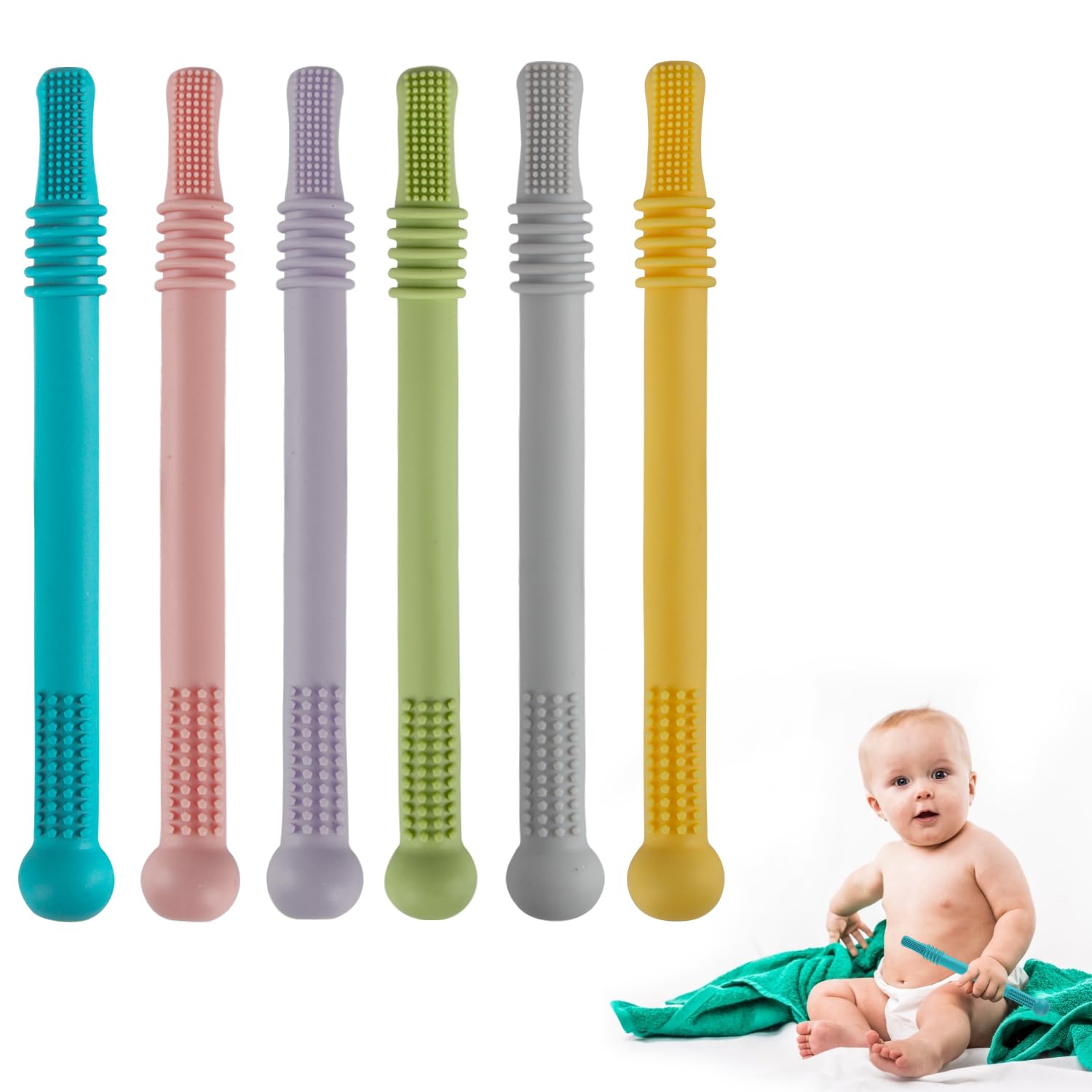 Photo 1 of Fu Store Hollow Teether Tube Chew Straw Sensory Toy for Infant Toddlers Silicone Tubes Teething Toys for Babies 3-12 Months 0-36 Months Gifts Learning Developmental Toys BPA Free Freezable 6 Pack