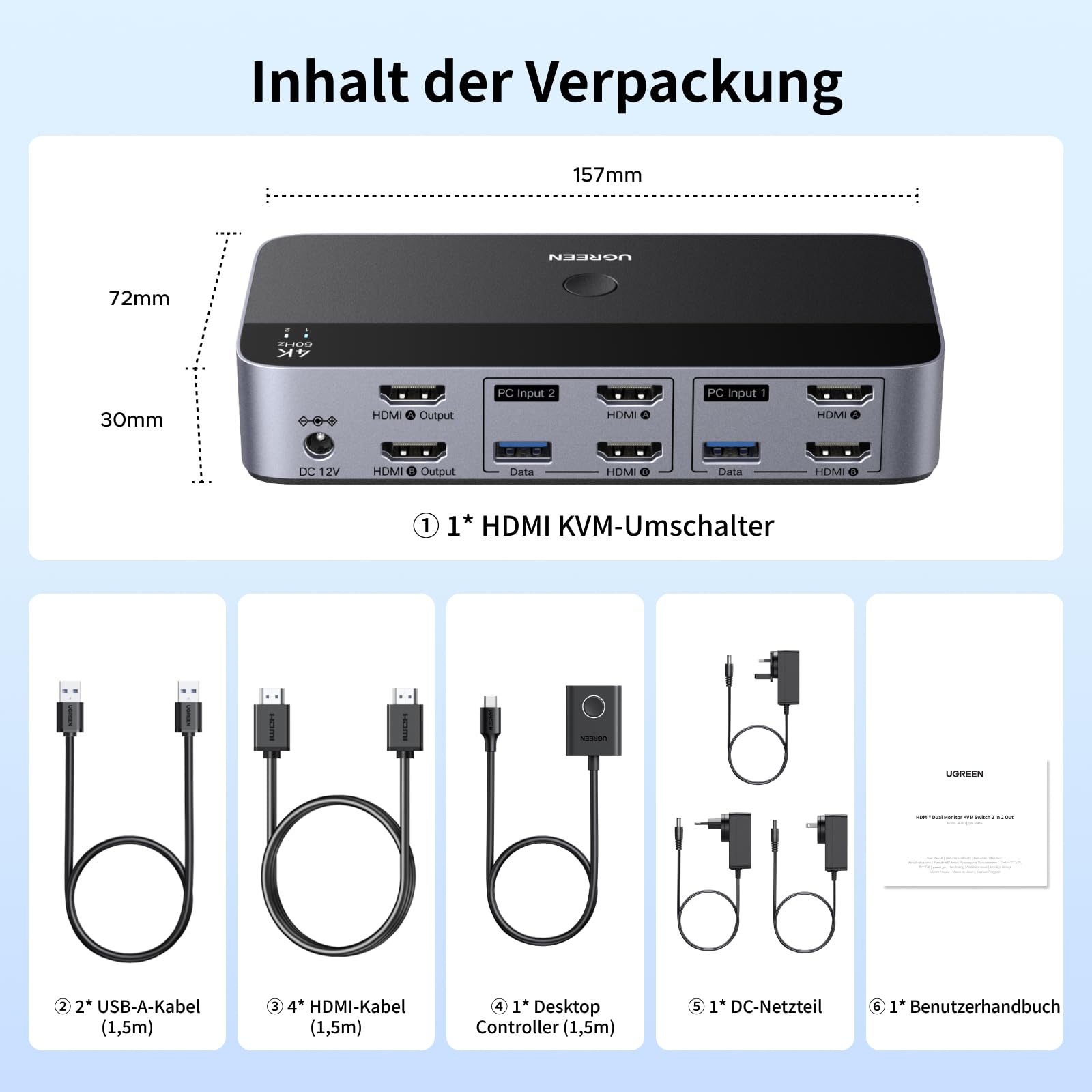UGREEN HDMI KVM Switch 2 PC 2 Monitore 4K60Hz Tastatur und Desktop-Controller Umschaltung 4 USB 3.0 Ports Kompatibel mit Windows/Linux/MacOS usw. 8