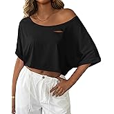 Avanova Women Off The Shoulder Crop Tops Distressed Ripped Batwing Short Sleeve Oversized Tee T-Shirt