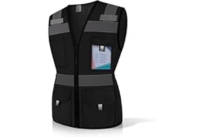 Uno Mejor Safety Vest for Women with 11 Pockets and Zipper, Mesh High Visibility Reflective Work Vest for Lady Surveyors/Workers/Drivers, Snug & Comfortable Fit, ANSI Compliant, (U-Black, S)