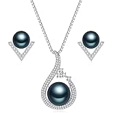 YAMI Freshwater Pearl Necklace and Earring Set for Women, 925 Sterling Silver 10MM Cultured Pearls Pendant Necklace Pearl Stud Earrings Jewelry Set, 18Inch+2" Box Chain, Gifts for Mother Wife Her
