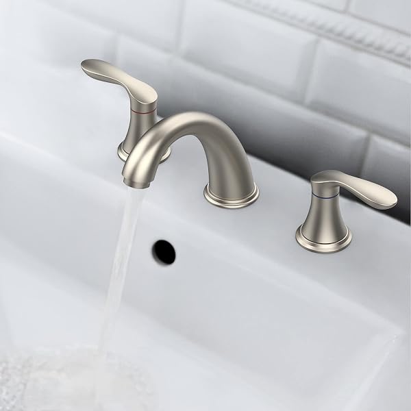 BATHROOM SINK FAUCET, FAUCET FOR BATHROOM SINK, WIDESPREAD BRUSHED NICKEL BATHROOM FAUCET 3 HOLE WITH STAINLESS STEEL POP UP DRAIN AND CUPC LEAD-FREE HOSE – (BRUSHED NICKEL)