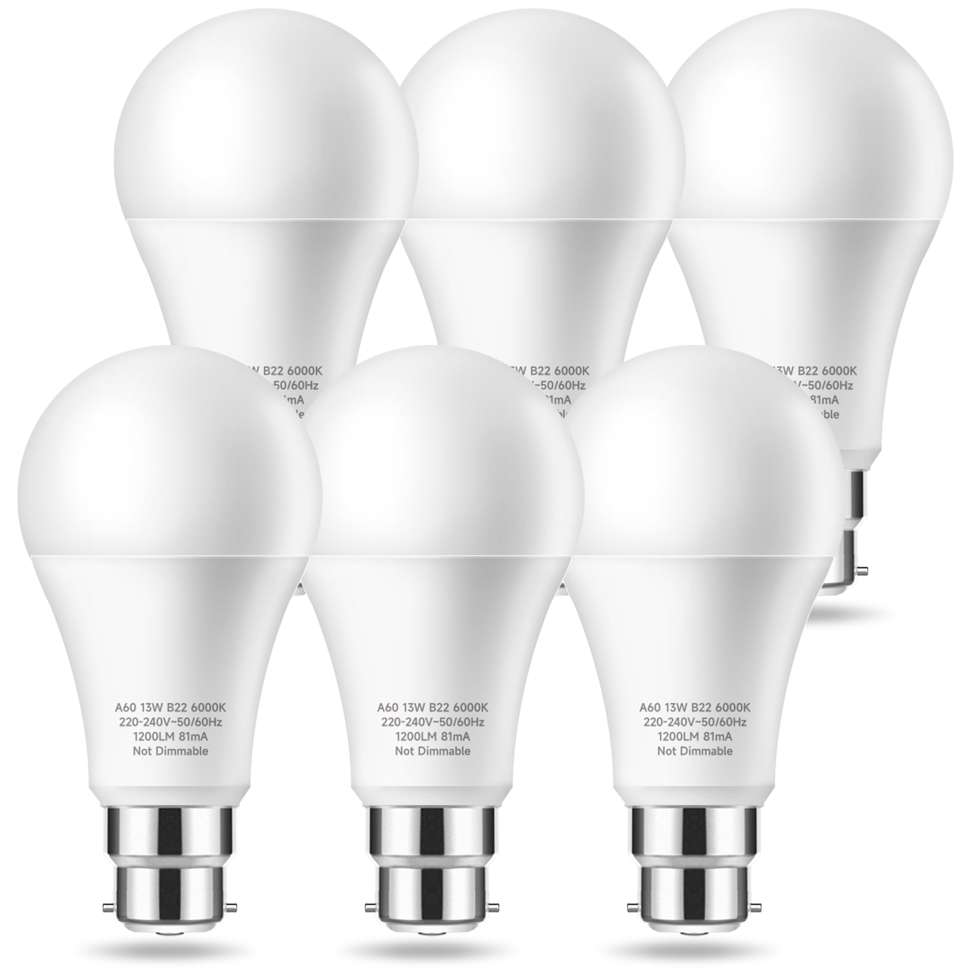Sanewix Bayonet Light Bulbs 100W Equivalent, 13W B22 LED Bulb Bayonet, 1200LM Bayonet LED Light Bulbs, Cool White 6000K, Non Dimmable, A60 Energy Saving Light Bulbs, 6 Pack