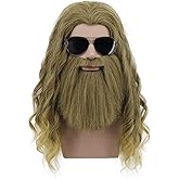 Karlery Men Long Curly Golden Brown Beard Wig Anime Costume Wig for Halloween Cosplay Party