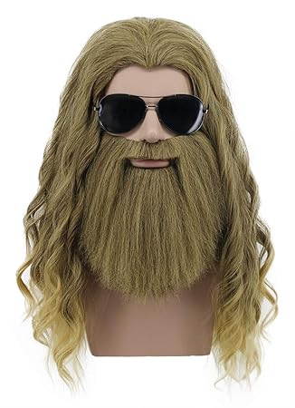 Karlery Men Long Curly Golden Brown Mustache Wig Halloween Cosplay Wig Anime Costume Party Wig