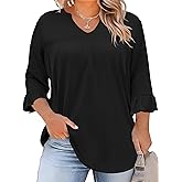 TFSDOD Plus Size Tops for Women V Neck 3/4 Sleeve Pleated Blouses Dressy Casual Fashion Tunic Top (1X-5X)
