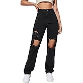 SweatyRocks Women's Casual Loose Ripped Denim Pants Distressed Wide Leg Jeans