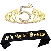 Dgasin 5th Birthday Tiara and Sash Happy 5th Birthday Party Supplies 5th Birthday Glitter Satin Sash and Crystal Tiara Princess Birthday Crown for Girls 5th Birthday Party Decorations