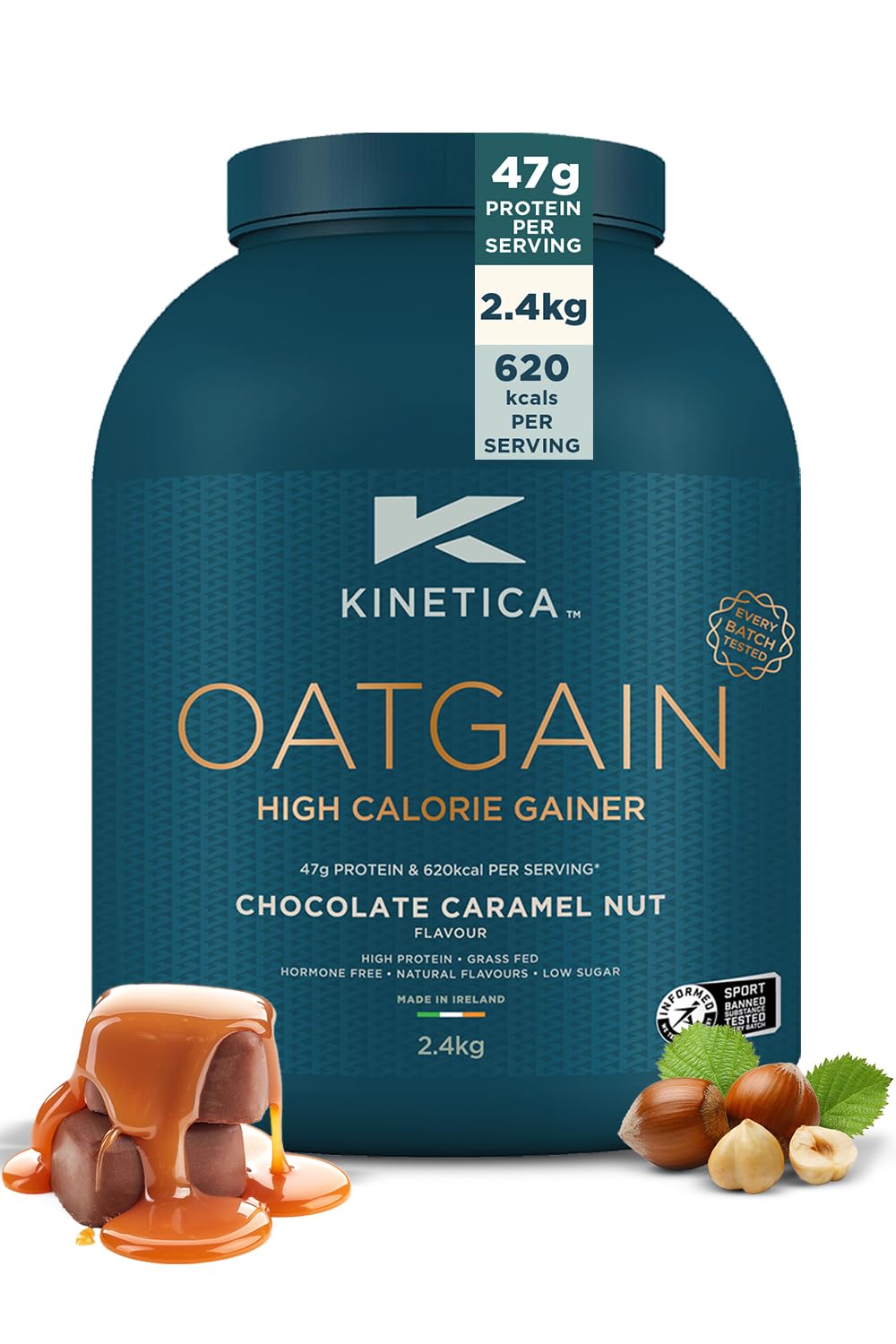 Kinetica Sports OatGain Mass Gainer–Chocolate Caramel, 2.4Kg, 15 Servings | 47g Protein, 78g Carbs & 620 Kcal/Serve |Optimum Bulk Weight Gain Whey Protein Supplement | WADA & Informed Sport Approved