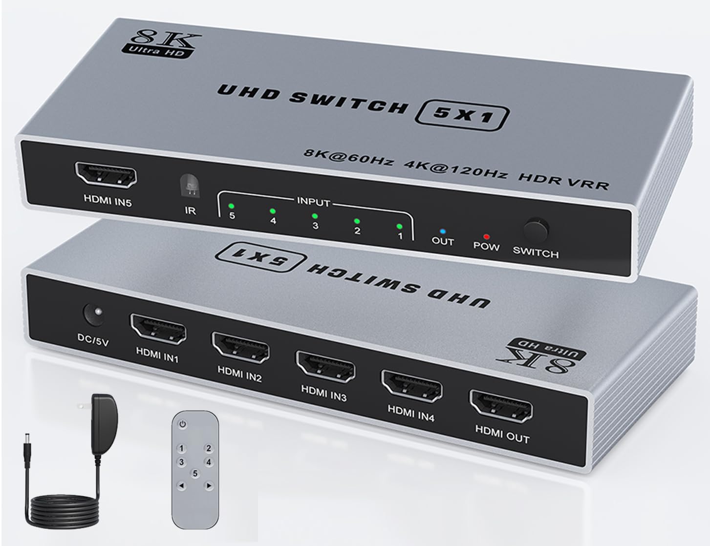 8K HDMI Splitter - 5 in 1 Out HDMI 2.1 Switch Box - 4K 120Hz - Remote Support - Compatible with PS5/4/3 Xbox Switch DVD Player TV PC