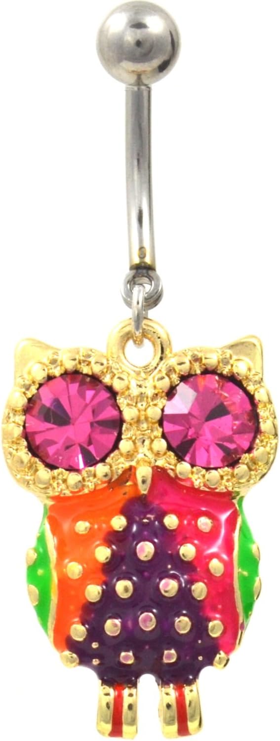 Flashy Owl Steel Belly Button Piercing with Pink Gems Navel Dangle Ring