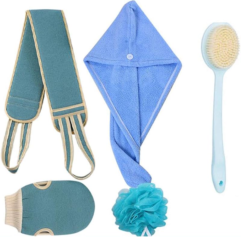 Omenluck 5Pc Bath Set Back Scrubber Brush Gloves Ball Dry Hair Cap