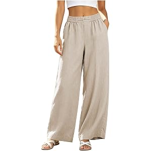 HYYGOCCTV Women Casual Cotton Pants Linen Wide Leg Long Palazzo Pants Elastic High Waist Button Loose Straight Trousers