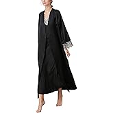 FEOYA Women's 2 Piece Satin Nightgown and Robe Sexy Silk Lace Pajamas Set Long V Neck Sleepwear for Ladies