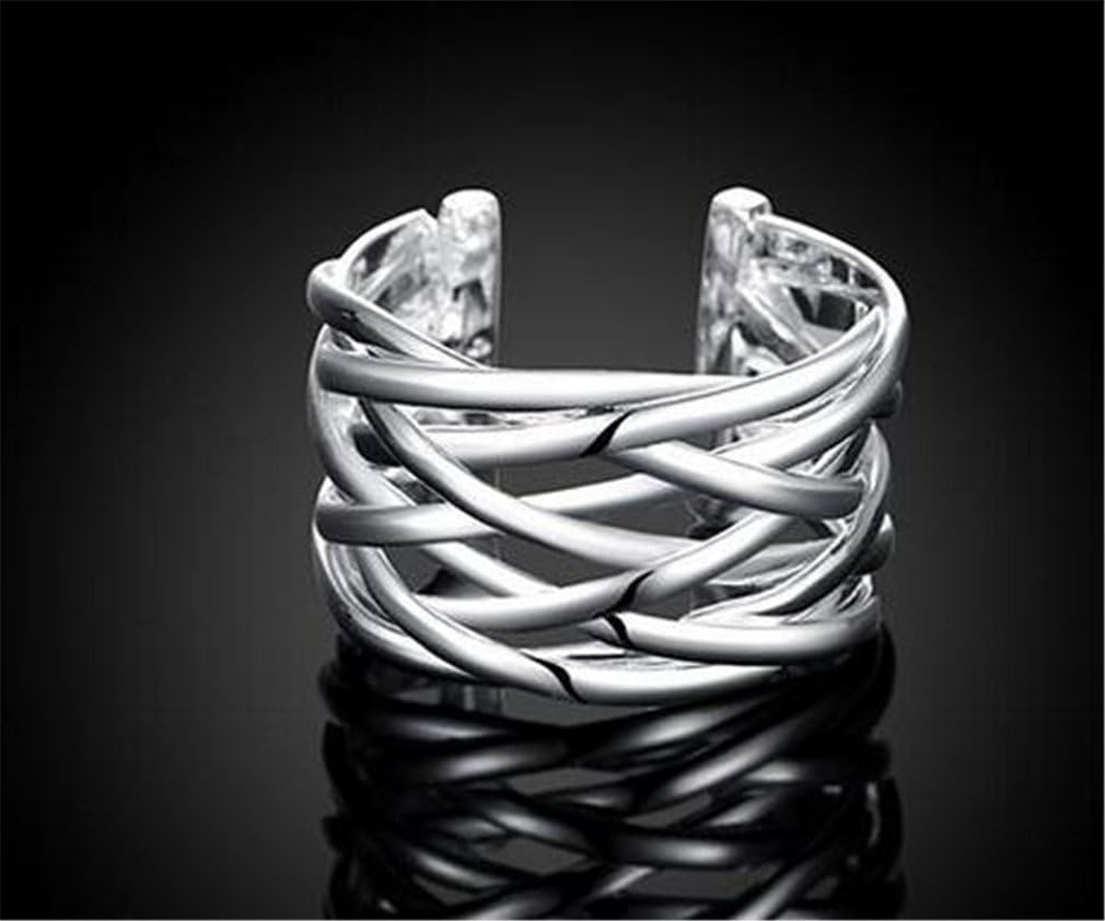 Boowhol Ladies Fashion Jewelry 925 Sterling Silver Geometry Adjustable Carved Knitting Open Rings For Women - Image 4