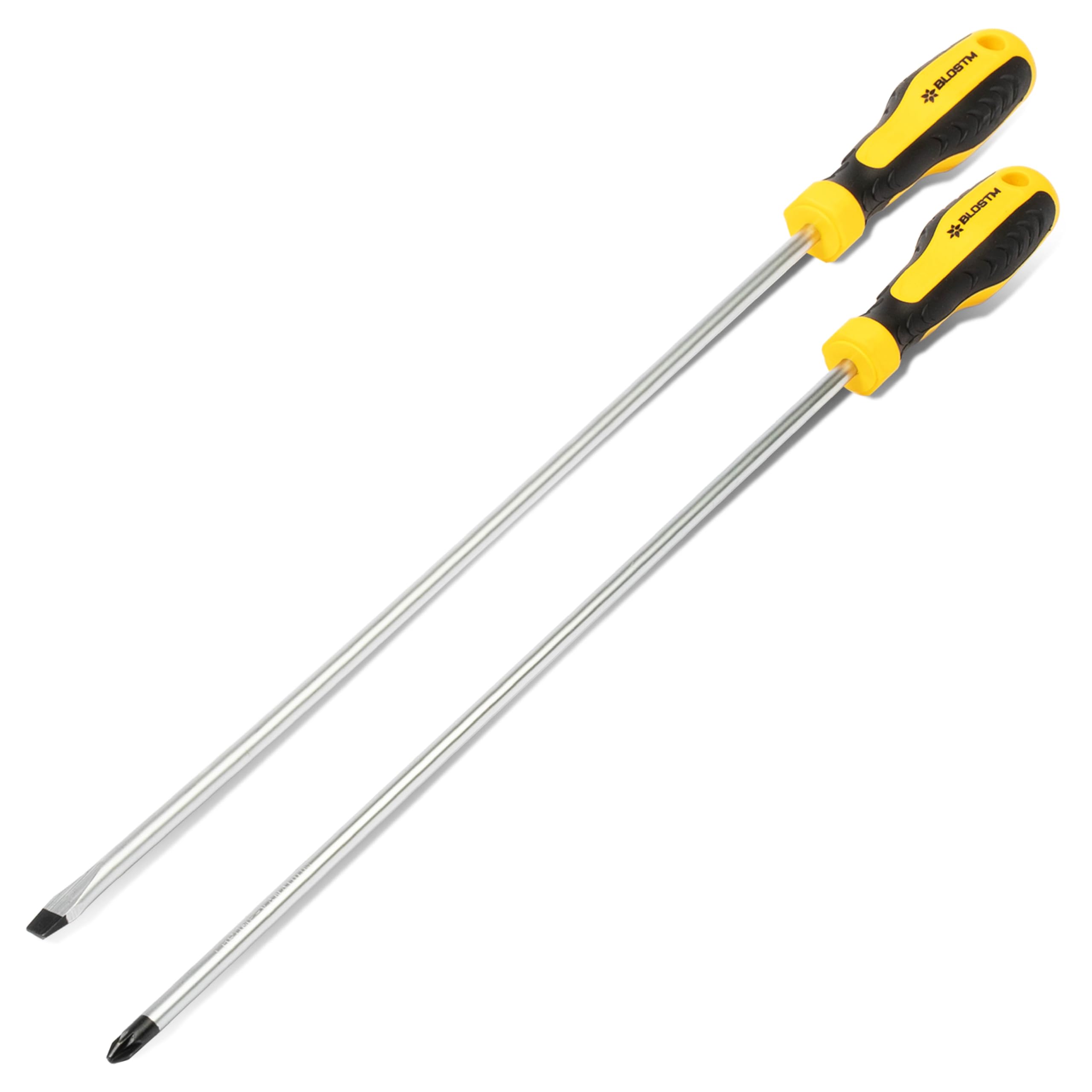 BLOSTM Long Reach Screwdriver 2 Pack - Extra Long Screwdriver Set Includes Pozidrive and Flat Head Screwdrivers, Chrome Vanadium Steel with Magnetic Tips & Ergonomic Handles - 300mm
