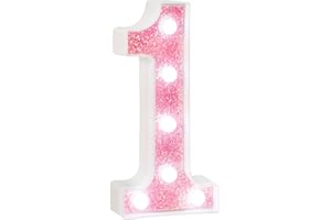 EUFONY LED Pink Glitter Marquee Light Up Number 1, Cool White Lights Marquee Numbers for Girls' Birthday Party Decorations, Battery-Powered Number Sign for Wedding, Baby Shower, Wall and Table Decor