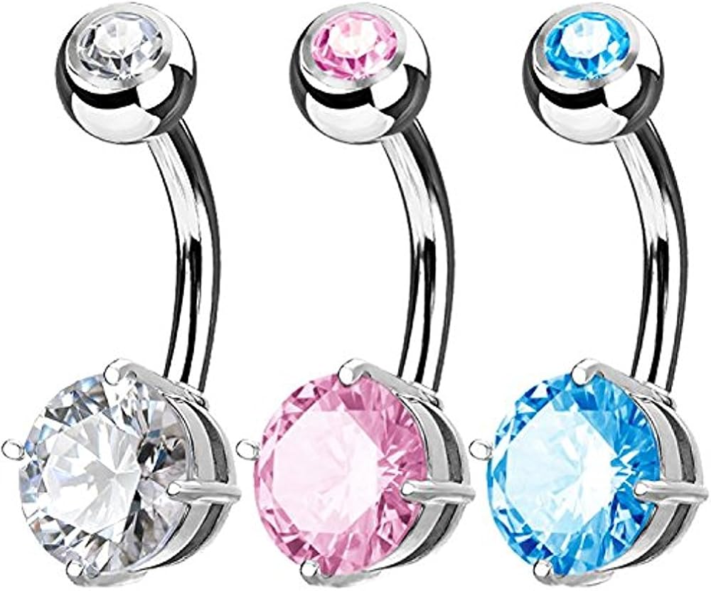 BodyJ4You 3PCS Belly Navel Ring Jeweled Prong Set CZ 7mm