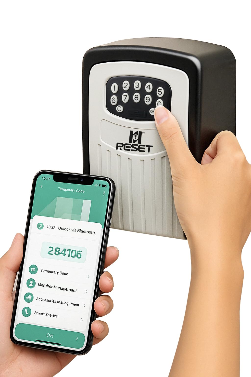 RESET-104 Bluetooth Smart Key Lock Box – Weather Resistant, IPX5, Durable Metal Construction, Backlit Keypad, Preset 6-Digit Code, Customizable to 8–10 Digits, Ideal for Outdoor Home or Office Use