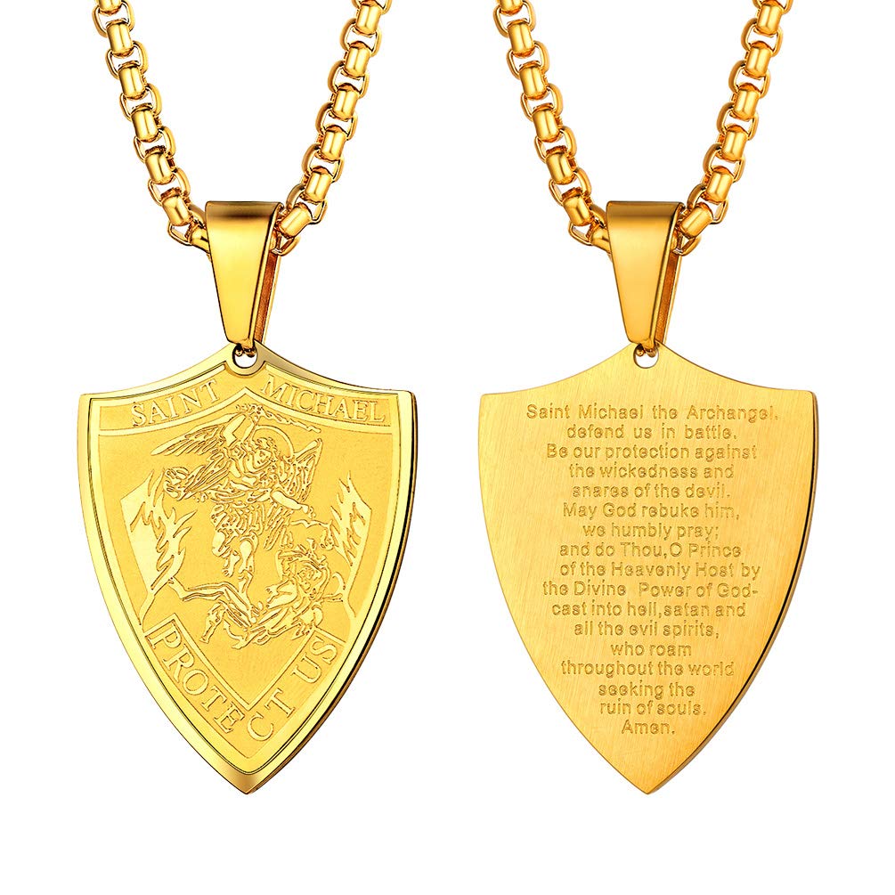 PROSTEEL St. Michael's Shield Medal Necklace Gold Chain Religious Gifts