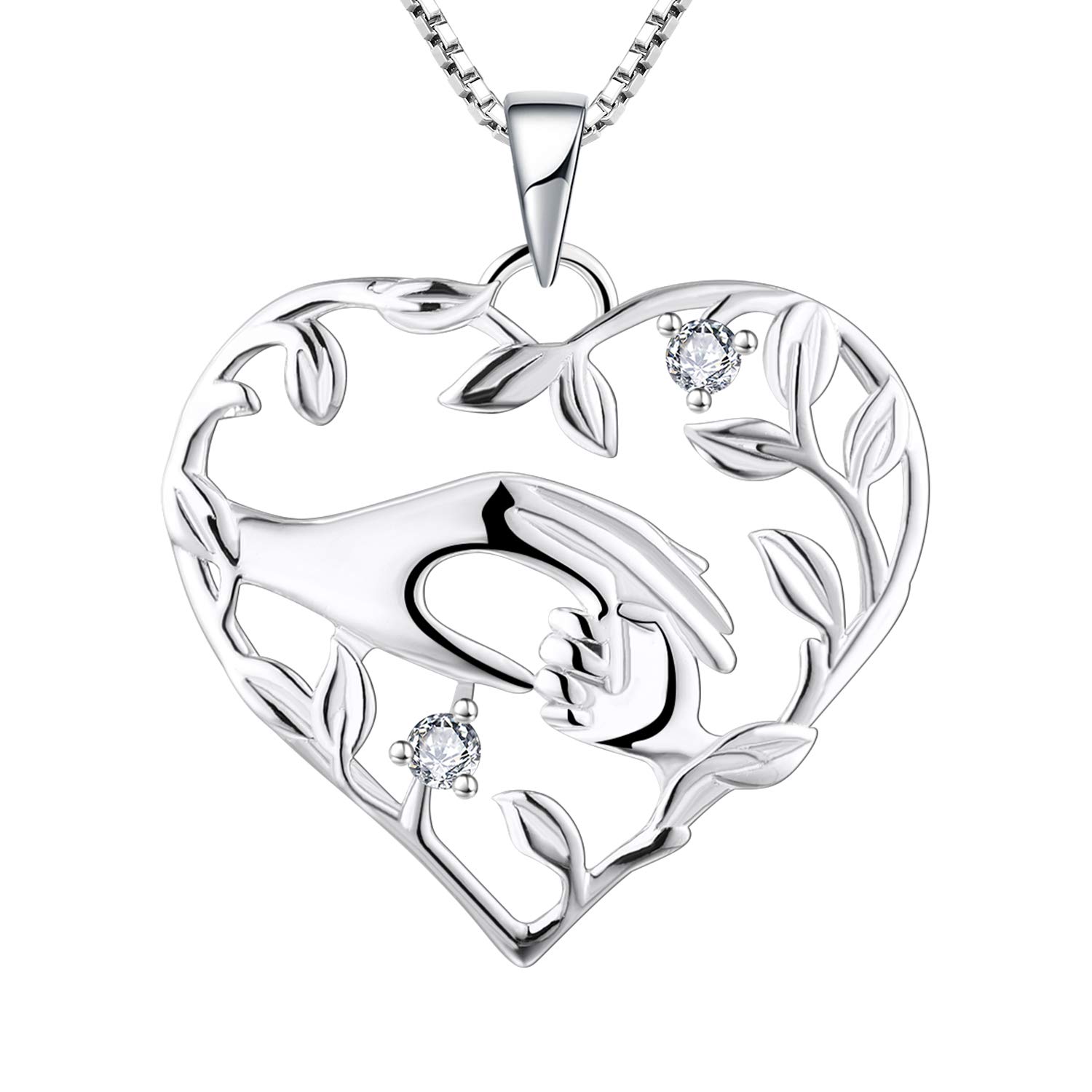 YL Mum Heart Necklace 925 Sterling Silver Mom Hold Child's Hand cut April Birthstone White Cubic Zirconia Pendant Gifts for Mum Women — image 1