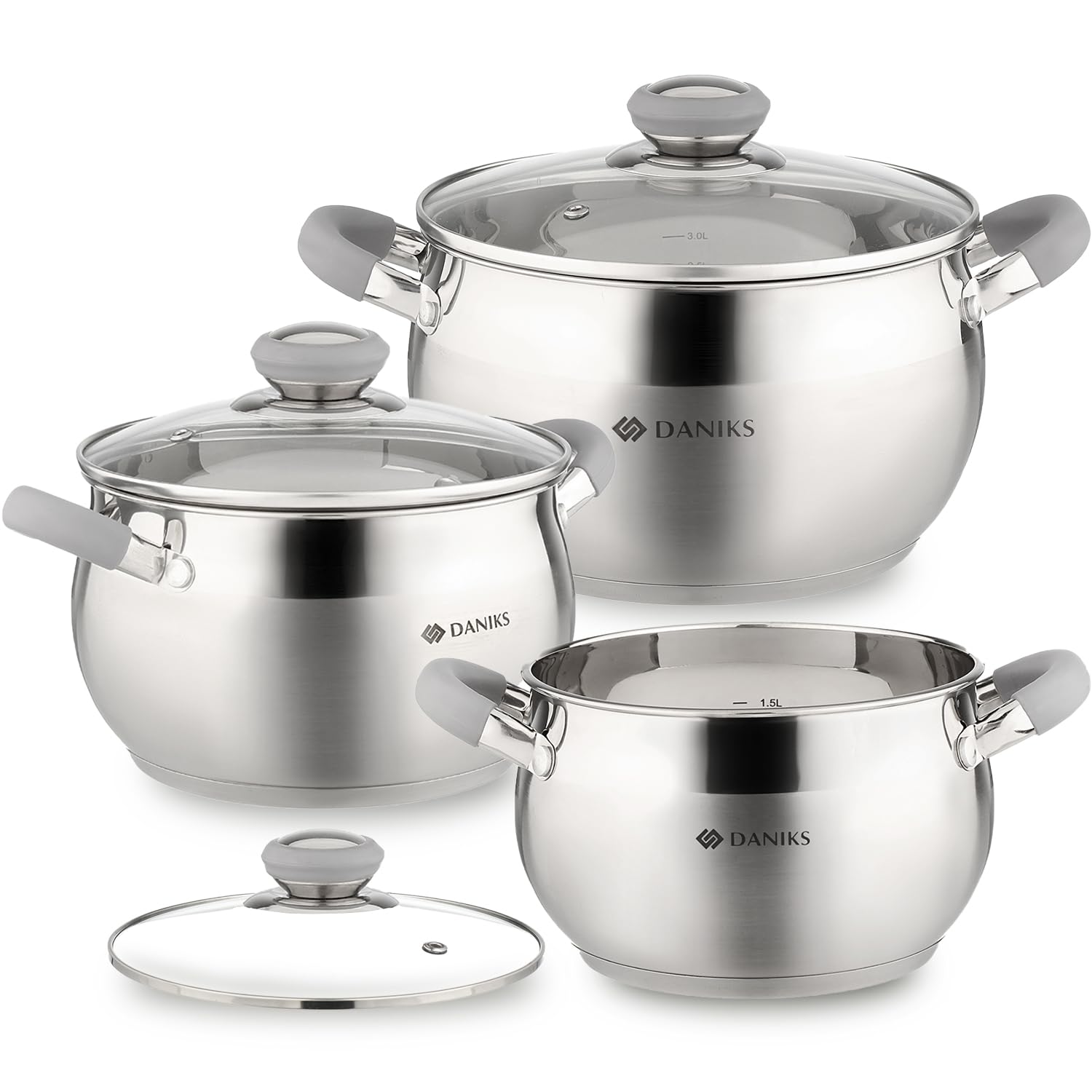 Photo 1 of Daniks Modern 6-Piece Stainless Steel Induction Cookware Set – Dishwasher Safe Pots with Heatproof Handles, Glass Lids, Silver