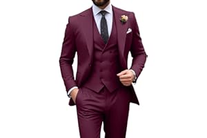 HUEZOE Mens Suit Slim Fit 3 Piece Double Breasted Suit Men Formal Tuxedo Set Casual Wedding Prom Groom Suits