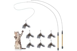 FUPUSUN Cat Feather Toys, Interactive Cat Toys Kitten Toys, 2PCS Elasticity Cat Wand Toy and 7PCS Feathers Refills, Cat Toys for Indoor Cats Kitten Play Chase