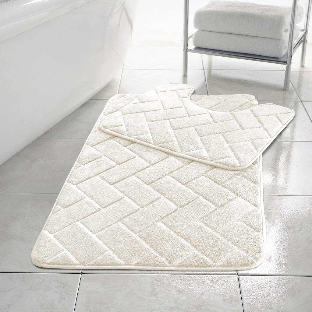 HomeSpace Direct Blocks Non- Slip Memory Foam Bath Mat/Toilet Mat Set Cream