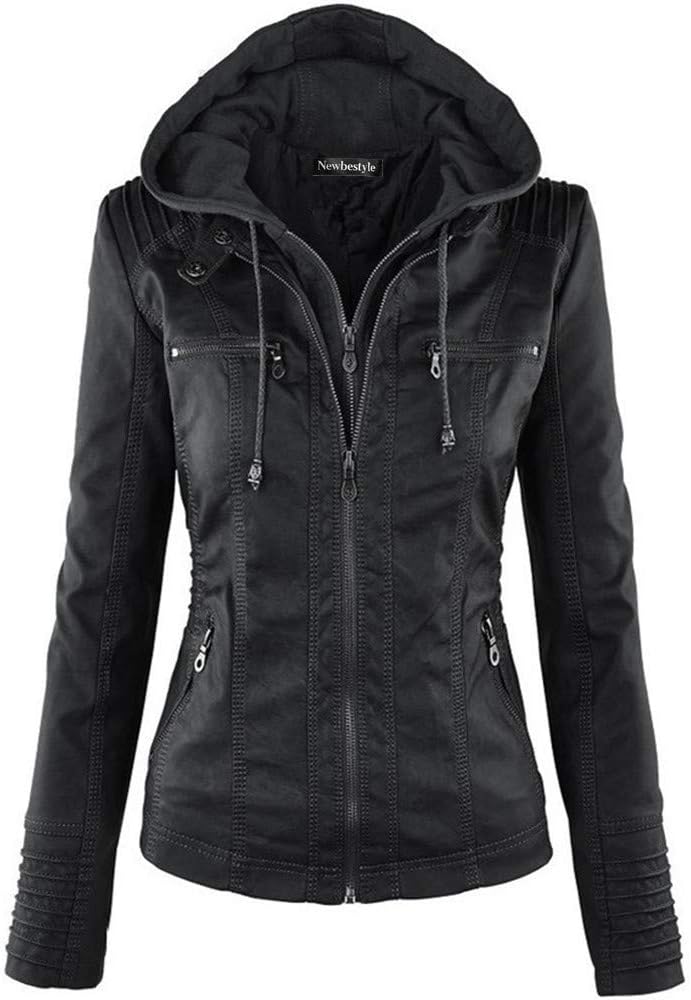 Womens Hooded Faux Leather Jacket Quilted Zip Up Jacket