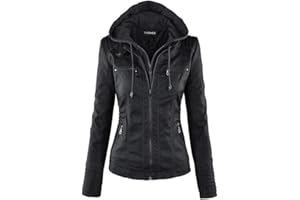 Newbestyle Women Hooded Faux Leather Zipper Motorcyle Jacket