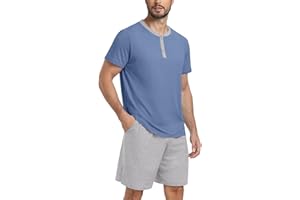 PrinStory Mens Pajama Set Pjs Sleepwear Lightweight Quick Dry Cozy Short Sleeve Button Neck Shirts and Shorts Sleep Sets