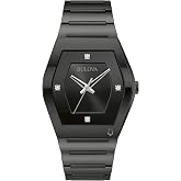 Bulova Men's Modern Gemini Diamond 3 Hand Black Stainless Steel Watch,Black Dial,Edge to Edge Crystal Model: 98D177