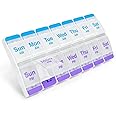 EZY DOSE Push Button (7-Day) Pill Case, Medicine Planner, Daily Vitamin Organizer, 2 Times a Day AM/PM, X-Large Compartments, Arthritis Friendly, Easy to use, Clear Lids, Purple and Blue, BPA Free