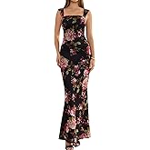 EYNMIN Women's Summer Floral Maxi Dress Square Neck Sleeveless Mesh Bodycon Long Wedding Guest Dresses
