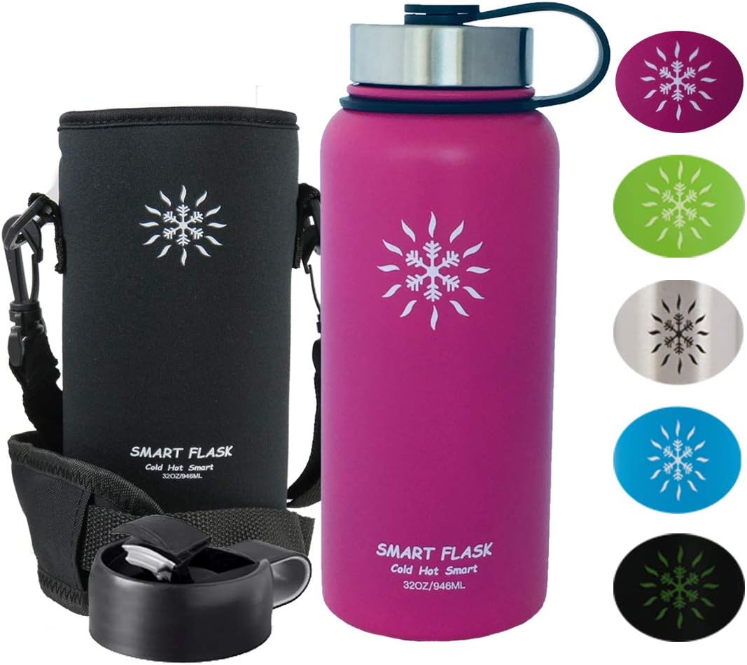 Smart Flask Stainless Steel Water Bottle, Wide Mouth, Vacuum Insulated, Includes Carrying Pouch with 59 inch Shoulder Strap, Rugged Leakproof Stainless Steel Lid, and Flip Top Coffee Lid