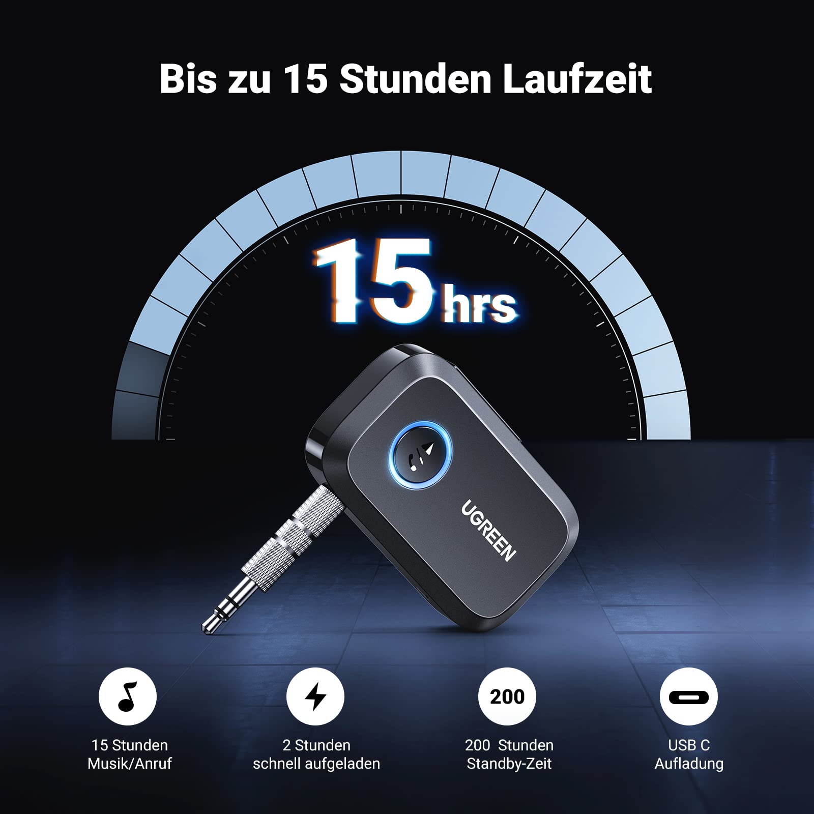 UGREEN Aux Bluetooth Adapter Auto Bluetooth 6.0 Empfänger Freisprechanruf, Stereo Musik, Dualer Kopplung mit 15 Stunden Spielzeit Klinke Adapter für Autoradio/Stereoanlage(Schwarz) 3