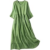 Cotton Linen Dress for Women 2026, Summer Casual Half Sleeve Button Down Maxi Dress, Boho Flowy Beach Vacation Dresses