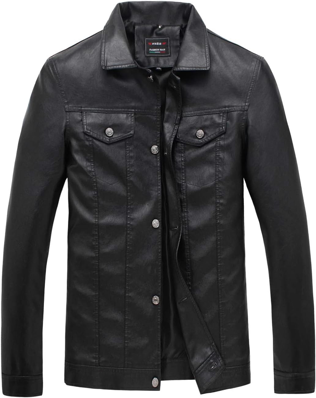 KIWEN Men's Button Down PU Leather Collar Jacket Casual Wear