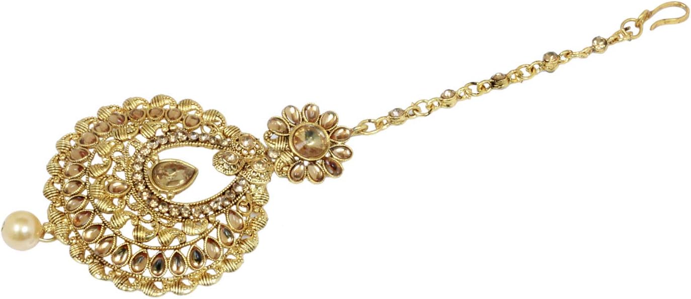 Joyeria Zircon Fashion Indian Traditional Wedding Style Gold Plated with Pearl Drop Maang-Tikka