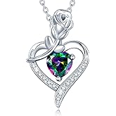 AGVANA Valentines Day Gifts Rosy Reverie Birthstone Necklace for Women Sterling Silver Genuine or Created Gemstone Rose Flower Heart Pendant Necklace Anniversary Birthday Gifts for Women Mom Wife Her