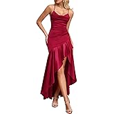 Auraxe Satin V Neck Cocktail Party Maxi Dress Bodycon Backless Ruffle Long Prom Formal Wedding Guest Dresses with Slit
