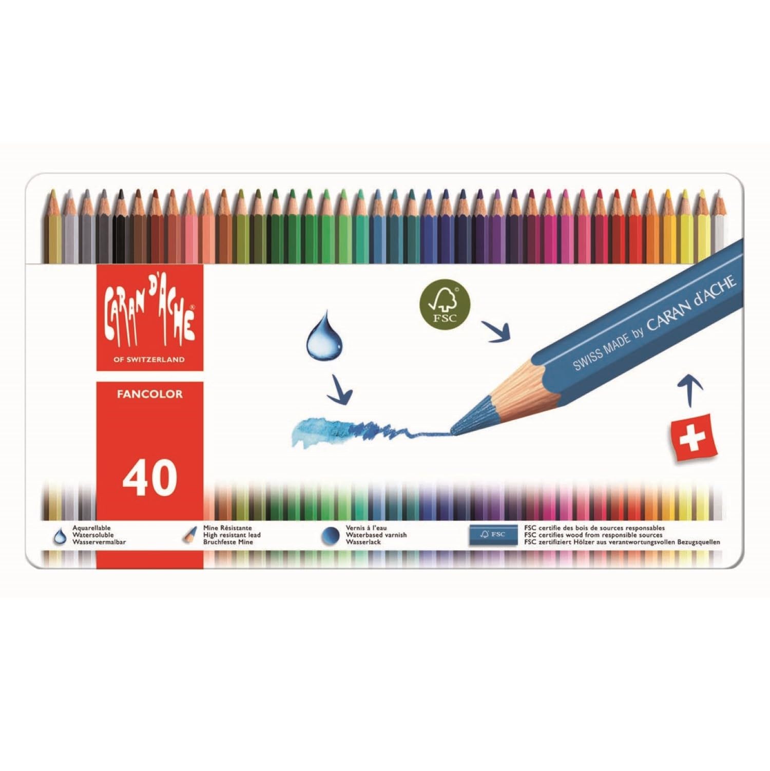 Caran Dache Metal tin with 40 Water-Soluble Colour Pencils, White