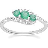 Gemondo USA 10K White Gold Round Emerald with Diamond Accent Leaf Halo Ring Design for Women May Birthstone Size