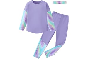 LATNNUT Girls Clothes 2 Piece Outfits Long Sleeve Curved Hem Top and Leggings Sweatpants with Headband for 4-12 Years