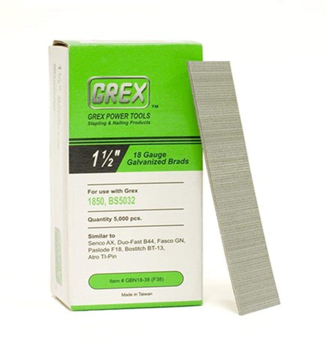 GREX GBN18-38 18 Gauge 1-1/2-Inch Length Galvanized Brad Nails (5,000 per Box)